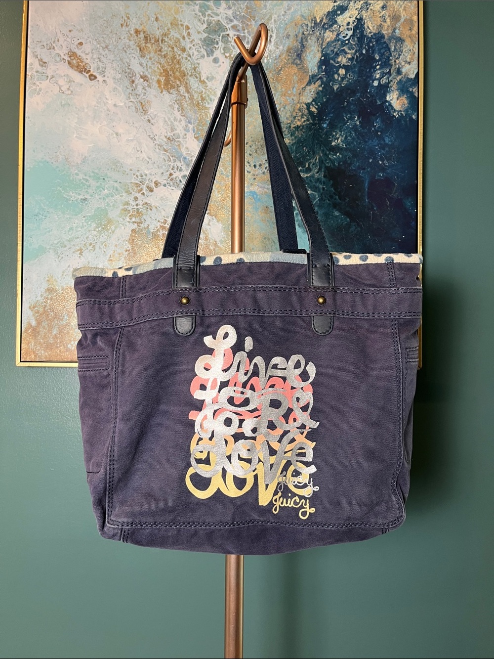 Juicy Couture Navy Canvas Tote with Multicolor 'Love' Logo